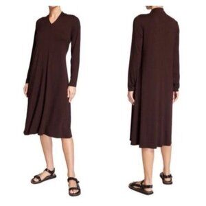 Eileen Fisher Dress Brown Raisin XS Extra Small Long Sleeve Pleat Back